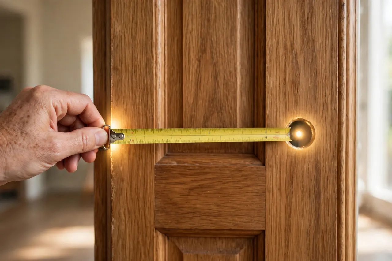 Measuring the backset of a door with a tape measure from the edge to the center of the lock hole before buying a smart deadbolt