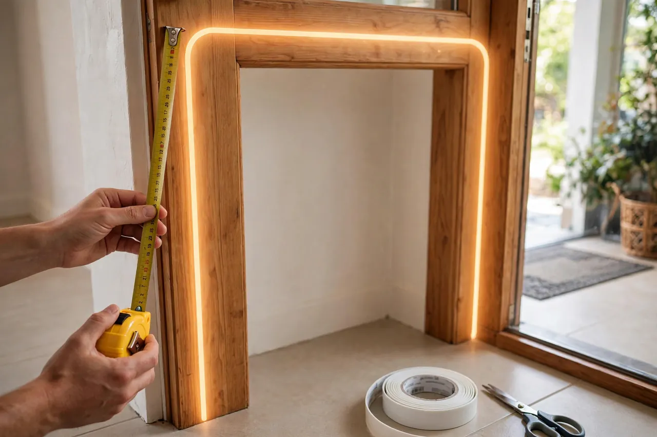 Measuring a door frame with a tape measure, with a glowing line tracing the top and sides where the weatherstripping seal will run
