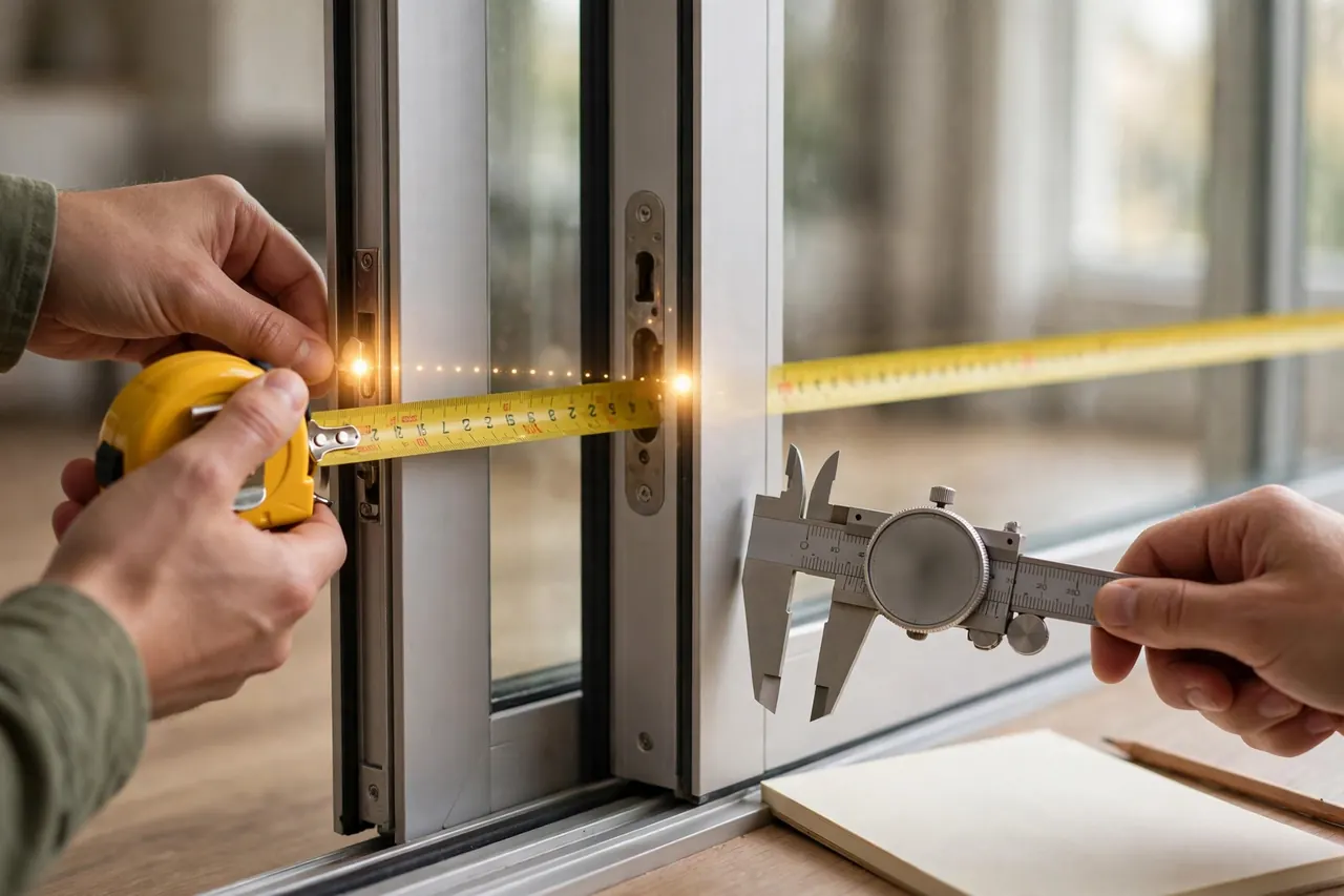 Measuring a sliding door stile with a tape and caliper: backset to the mortise lock and panel thickness, before ordering a lock