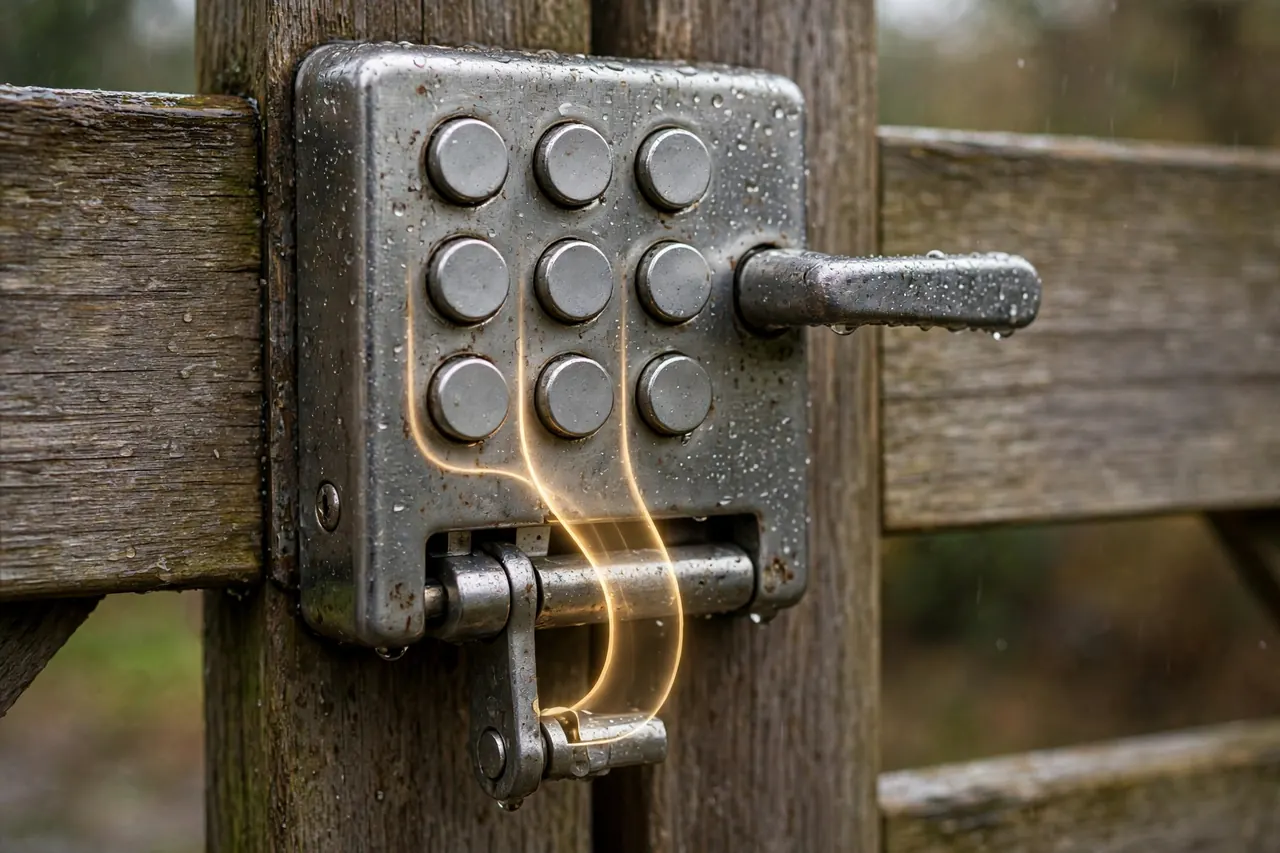 A mechanical double-sided keypad gate lock of solid metal with blank push buttons, rain-speckled, its latch glowing below: no batteries at all