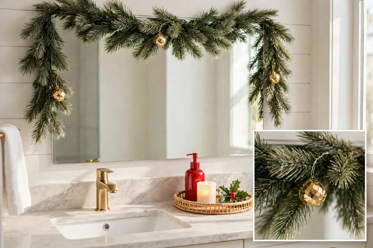 Bathroom vanity mirror draped with a faux pine garland and gold ornaments, with a tray holding a red soap dispenser, glowing LED candle, and faux holly on the counter