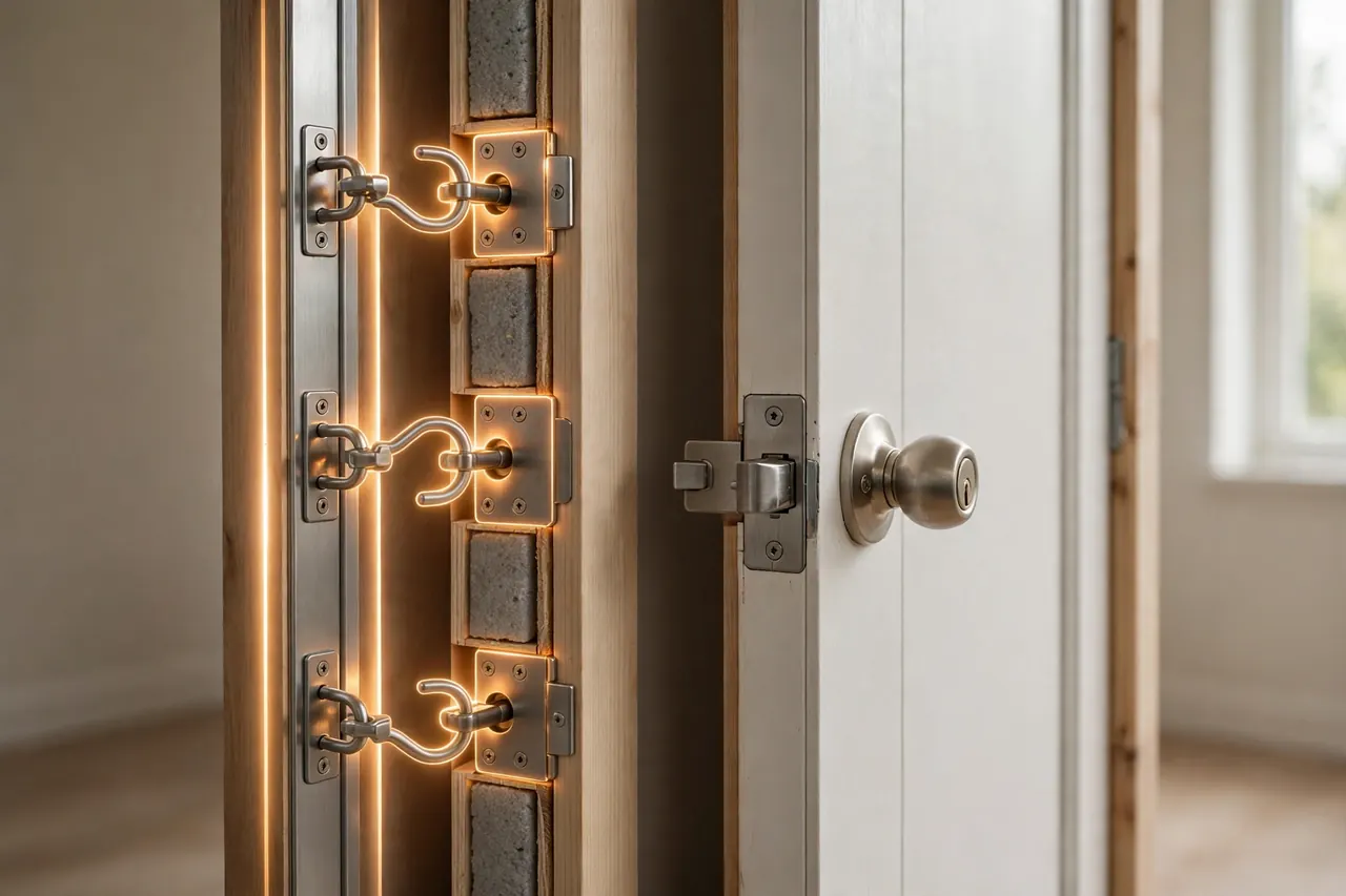 Cutaway of a multipoint patio door edge: three hooks engaged into their keepers, beside a plain door with a single latch bolt