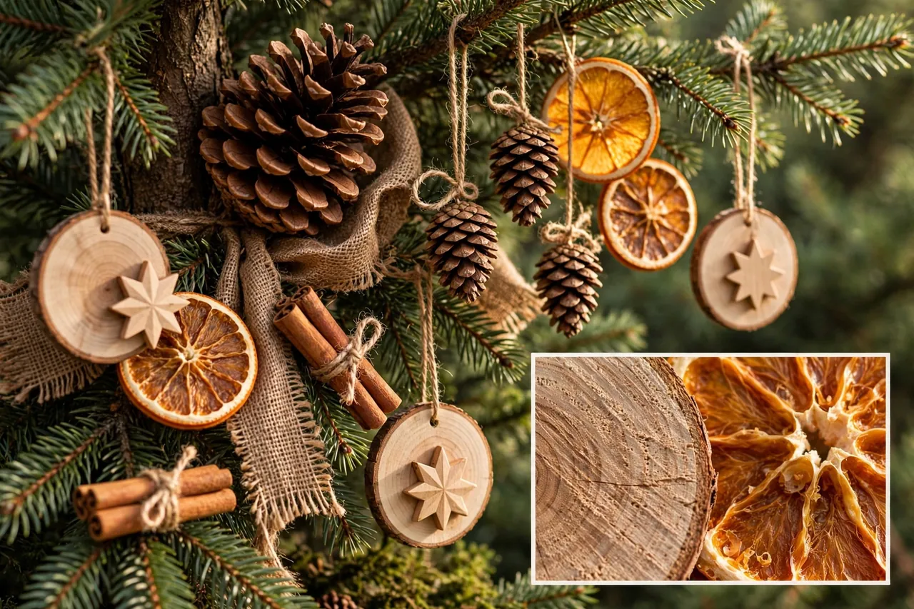 Close-up of natural brown tree decorations: pinecones, wood slice ornaments with carved stars, dried orange slices, cinnamon stick bundles and burlap ribbon on green branches