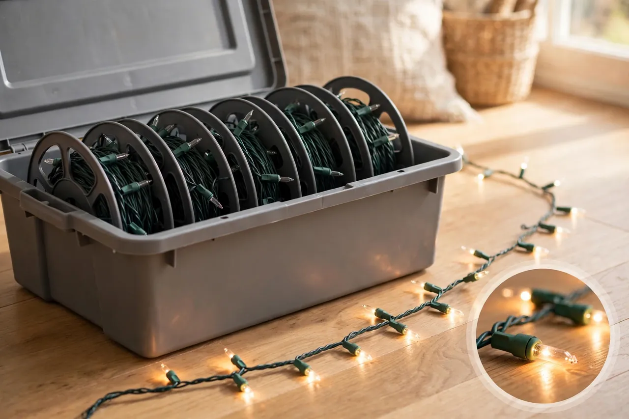 Storage bin of wound Christmas light reels with one strand unwound and lit on the floor for testing
