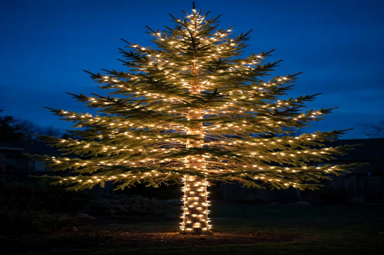 An outdoor evergreen tree at night with warm white LED lights wrapped around the trunk and woven through the branches, glowing against a deep blue evening sky
