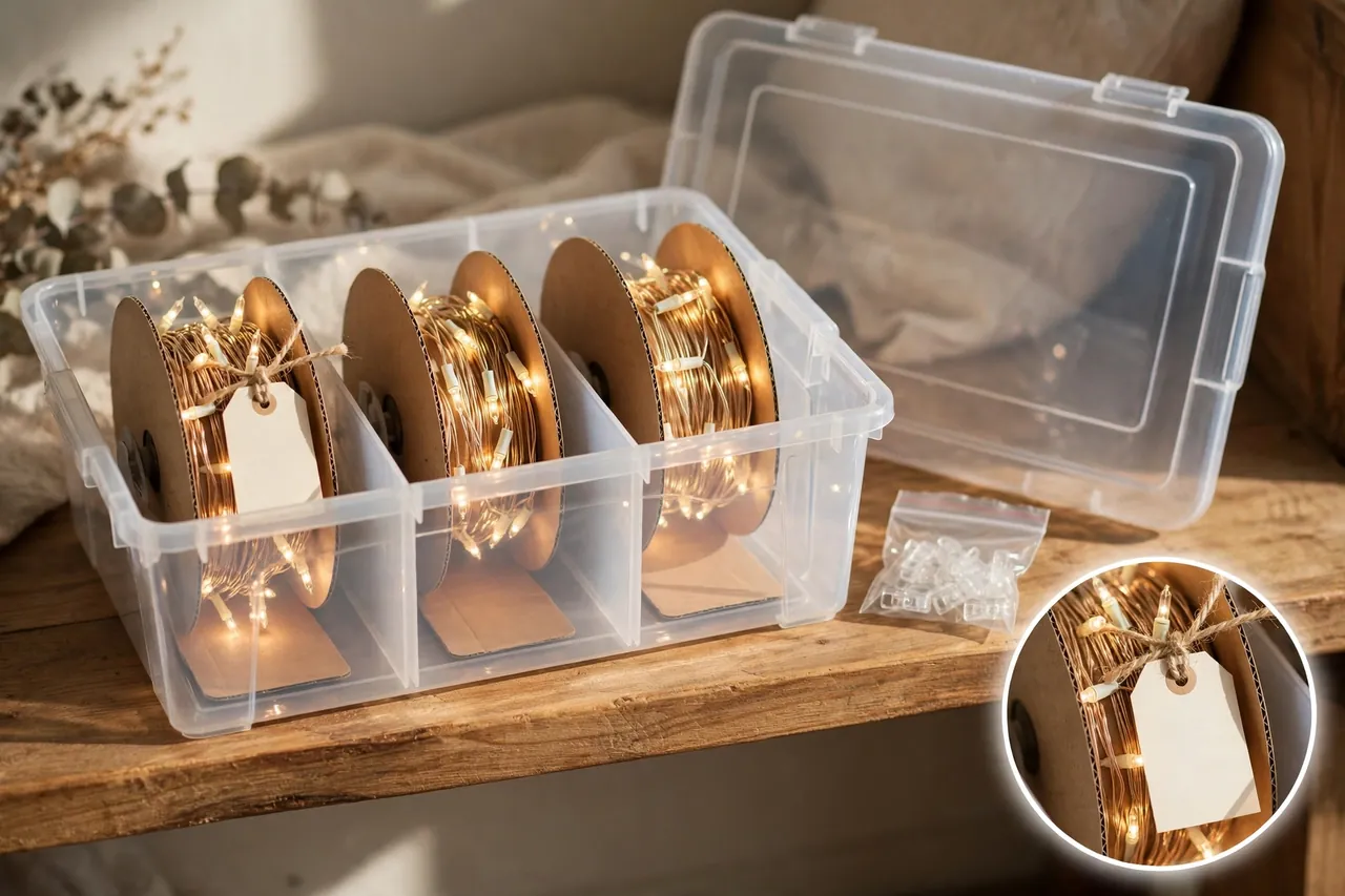 Christmas light reels in separate sections of a clear storage bin, one with a blank tag, beside a small bag of clips