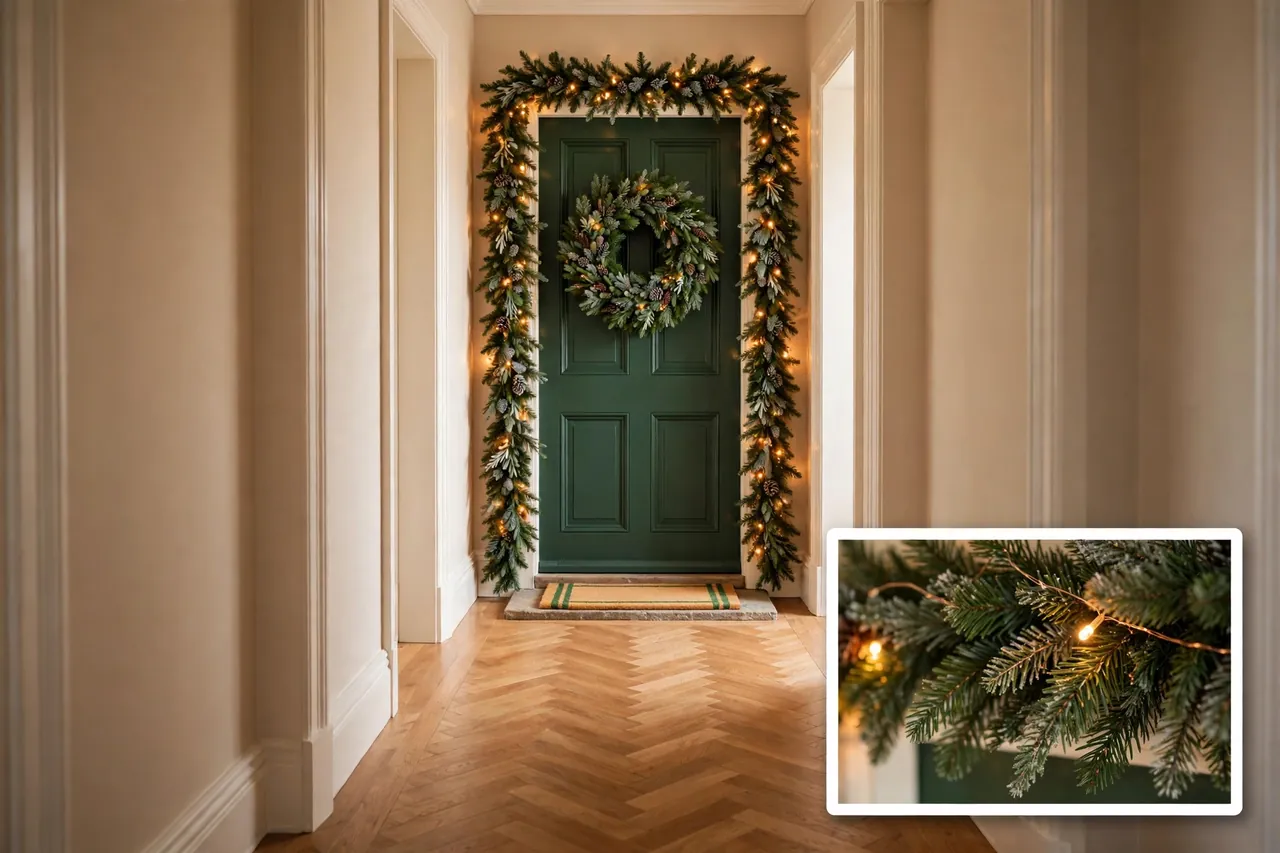 A single clean prize-worthy green door seen straight-on from a hallway, with one bold wreath, a lit garland frame, crisp edges and a matching doormat, with a magnified inset of the garland and lights