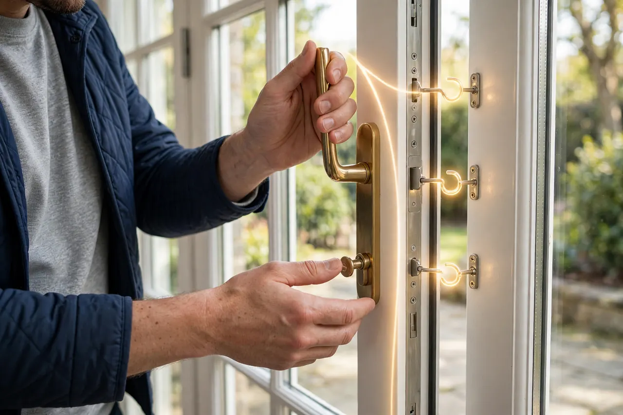 Lifting a French patio door handle fully upward: the handle test that shows whether a door is multipoint, its hooks glowing as they engage