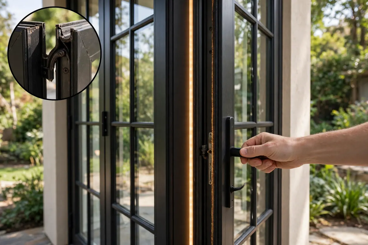 A patio door pulling evenly into its frame, the full-height weatherstripping seal glowing, with a close-up inset of the frame corner