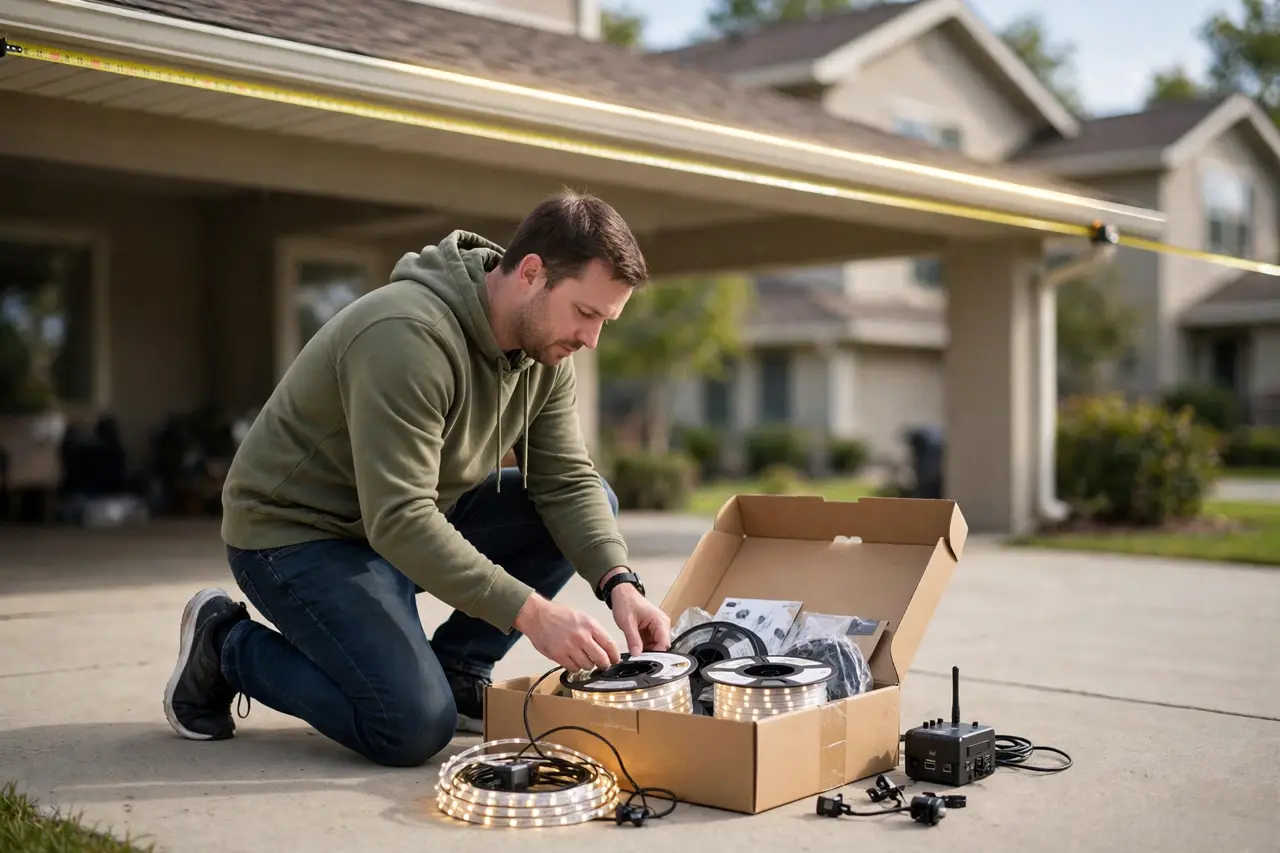 Homeowner unboxing a DIY permanent light kit on a driveway with a tape measure stretched along the eave line