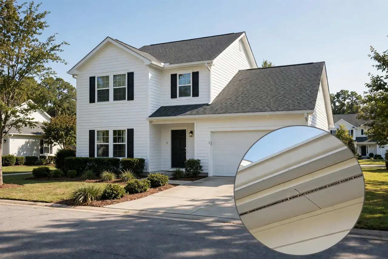 Daytime street view of a home where permanent light tracks stay hidden under the eaves, with a zoom inset revealing the track