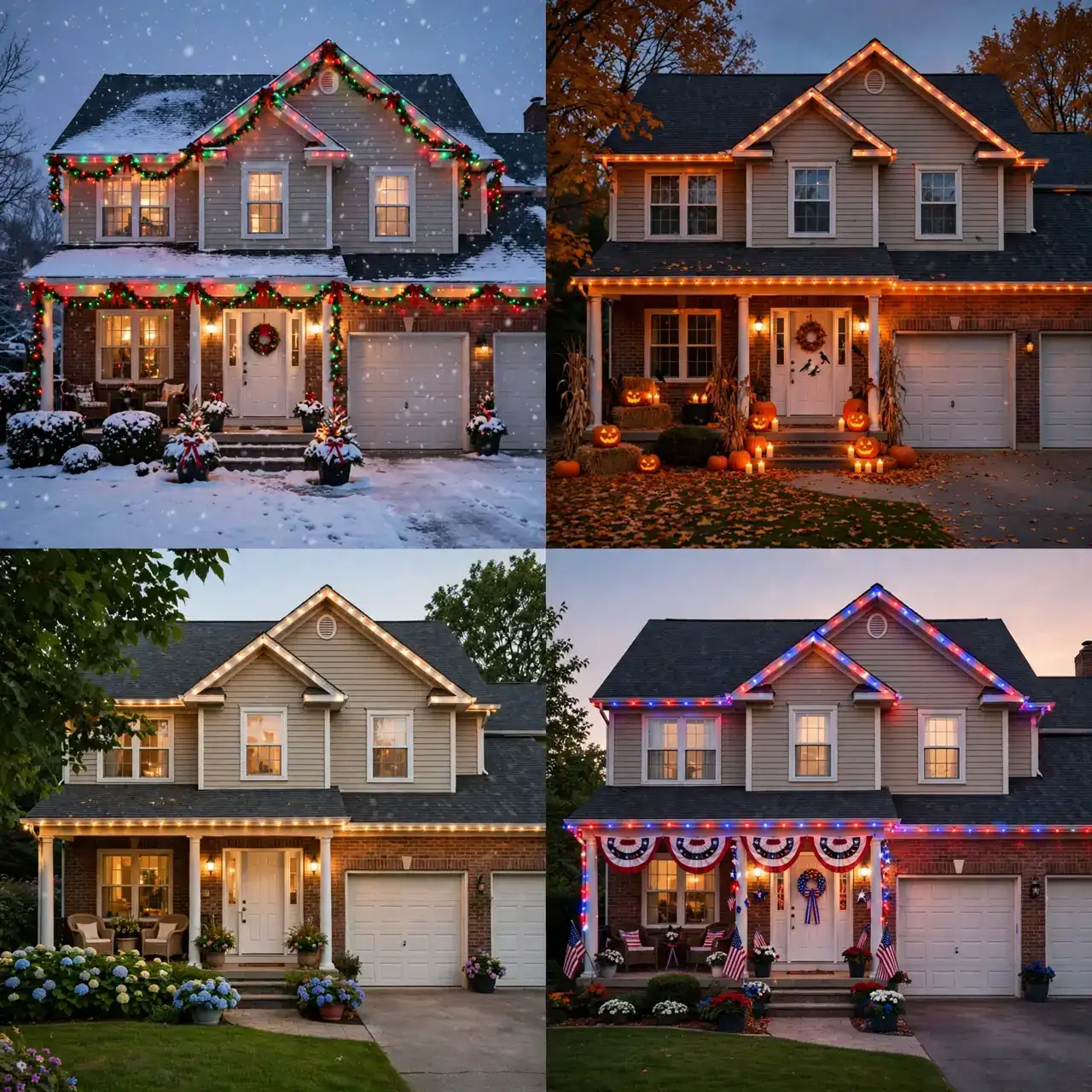 The same home's roofline lit in four seasonal color scenes: Christmas colors, Halloween orange, warm white, and red white and blue