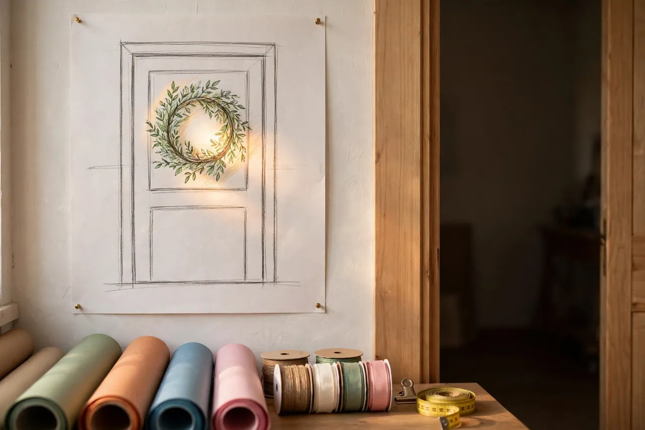 Hand-drawn Christmas door sketch pinned on a wall with a glowing wreath focal point at eye level, paper rolls, ribbon spools and a measuring tape on the table below