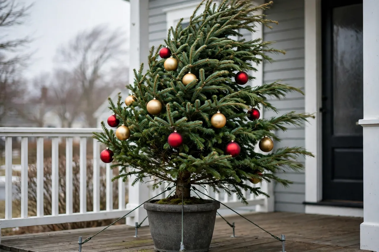 A potted Christmas tree on a porch standing firm in wind, held by a heavy pot and discreet guy lines tied low to ground stakes, ornaments still hanging securely