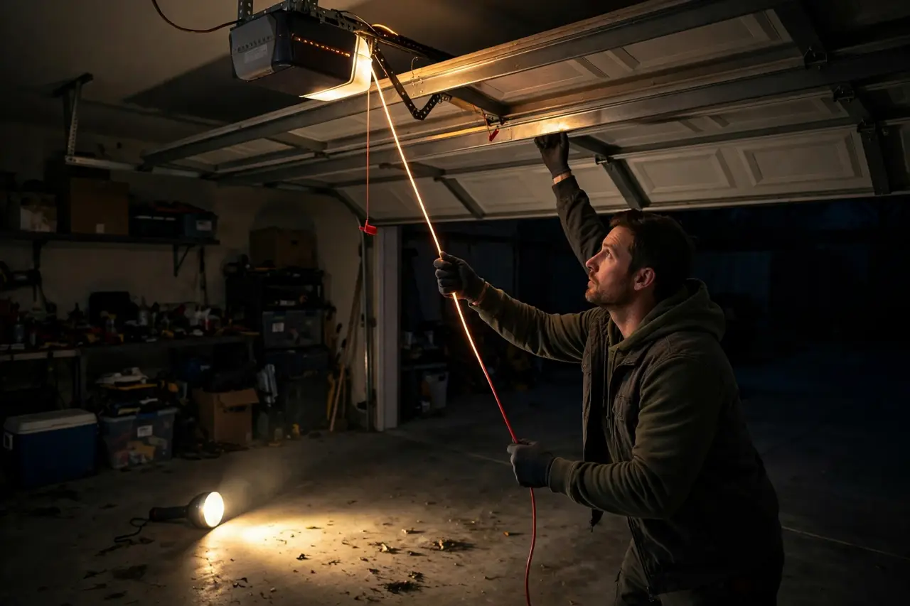 A homeowner pulling the red emergency release cord in a dark garage by flashlight while lifting the door by hand