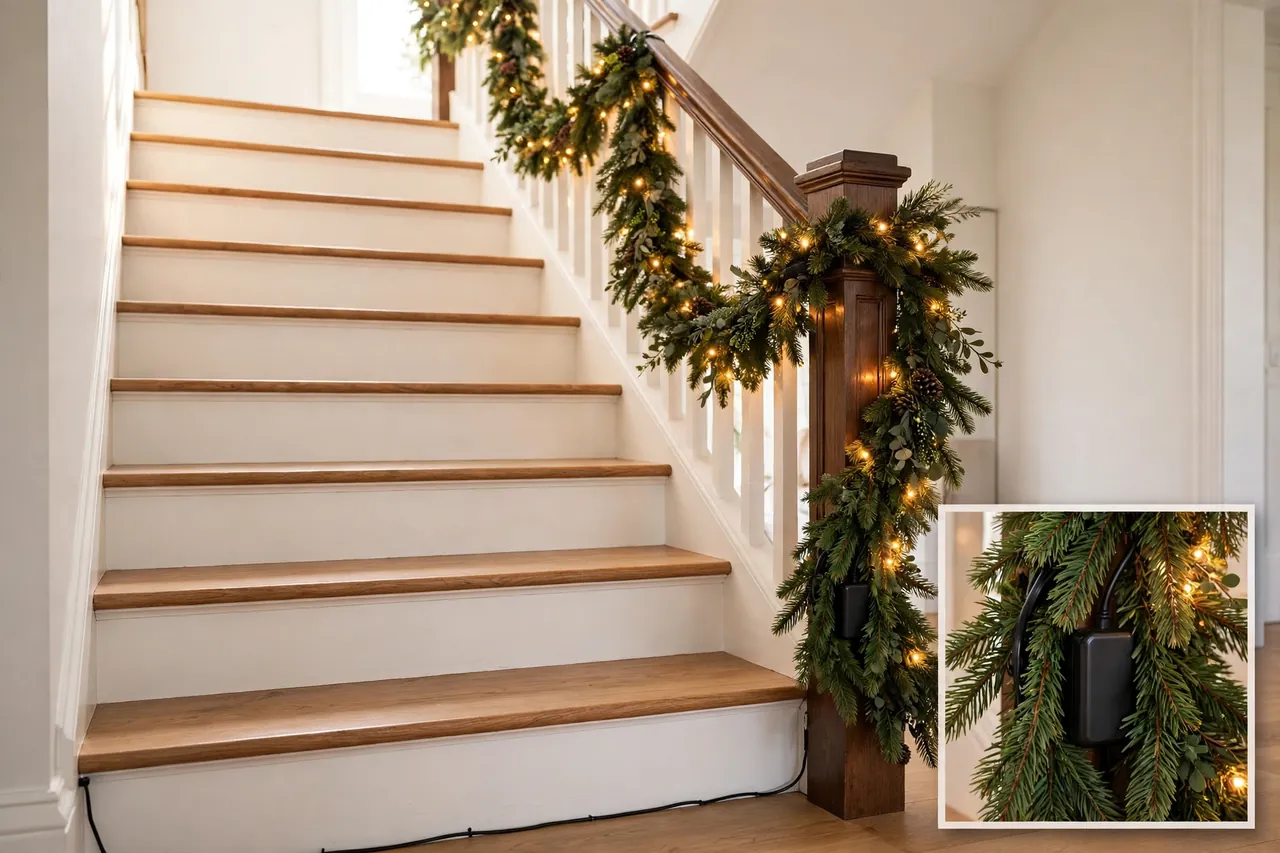 Pre-lit garland on a staircase with warm lights, clear steps, and a battery pack tucked behind greenery at the bottom newel post
