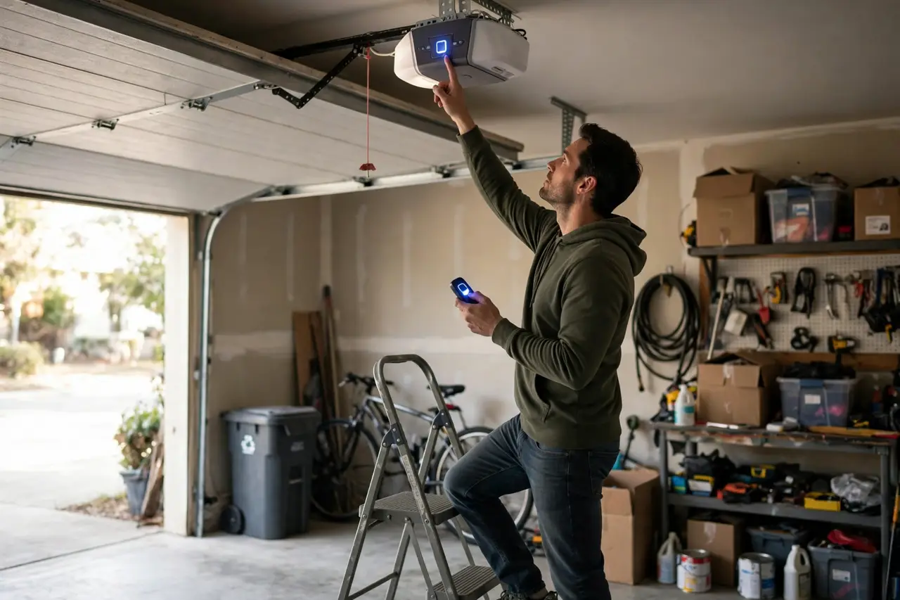 A homeowner on a ladder programming a remote, with soft glows on the opener button and the remote