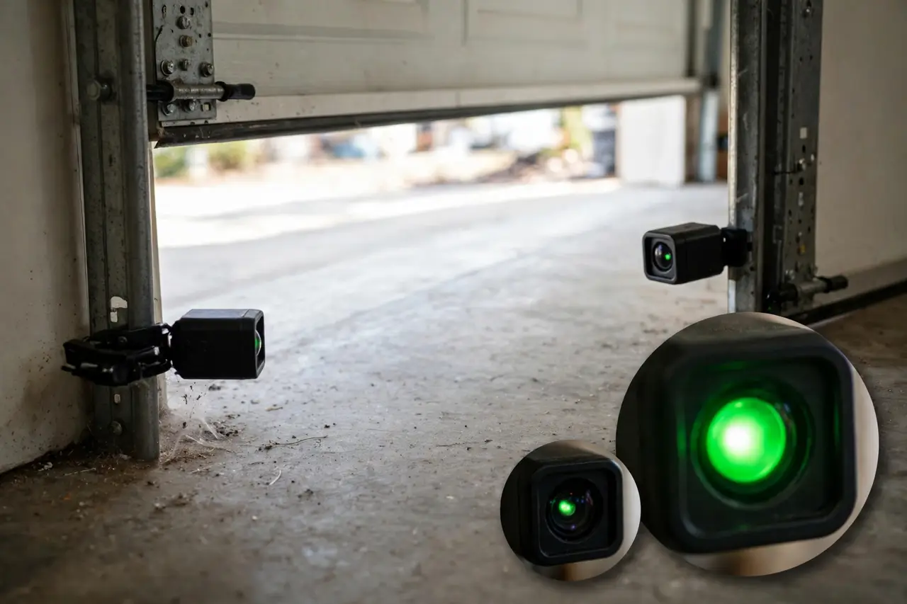 Close view of both garage door photo-eye sensors with insets of the receiving LED glowing solid and flickering