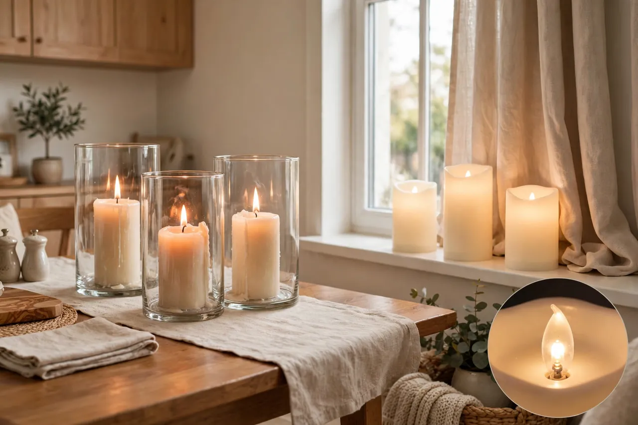 Real pillar candles with live flames in glass hurricanes on a dining table beside warm-white LED pillar candles glowing on a window sill near curtains, with a close-up inset of an LED flame