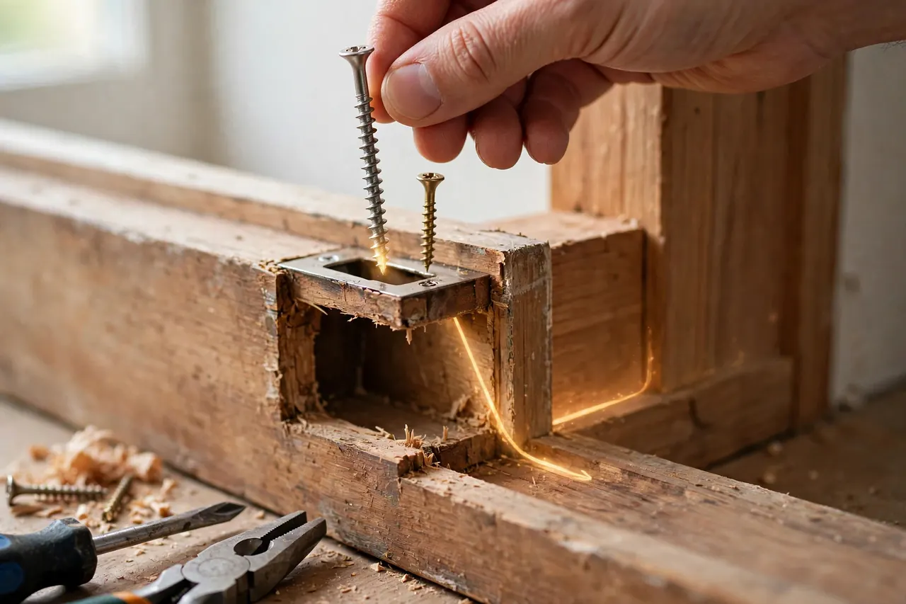 Door frame strike area with a long 3-inch screw held beside the short stock screw it replaces