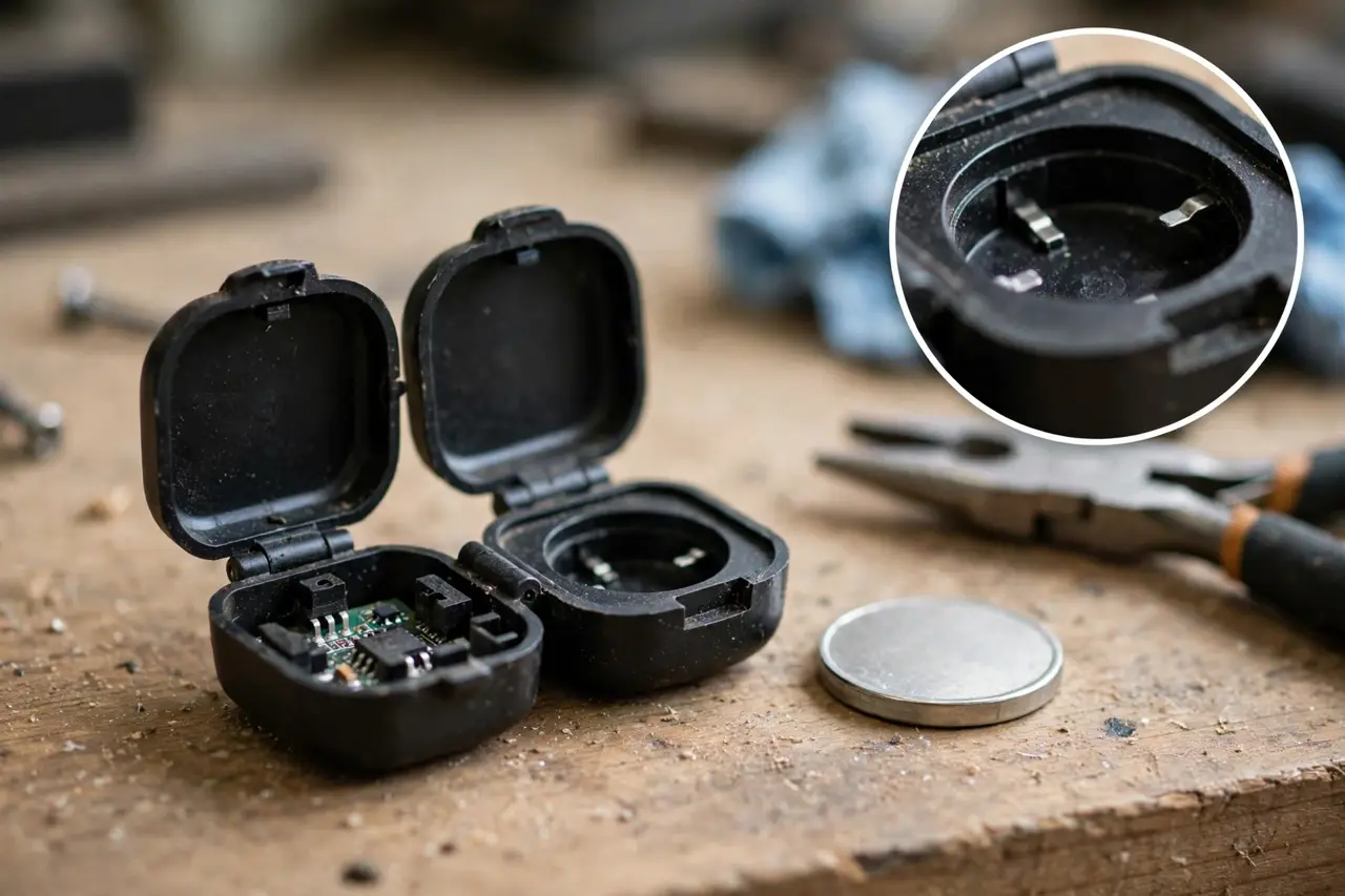 An opened garage remote case with a round coin battery beside it and an inset of the battery slot