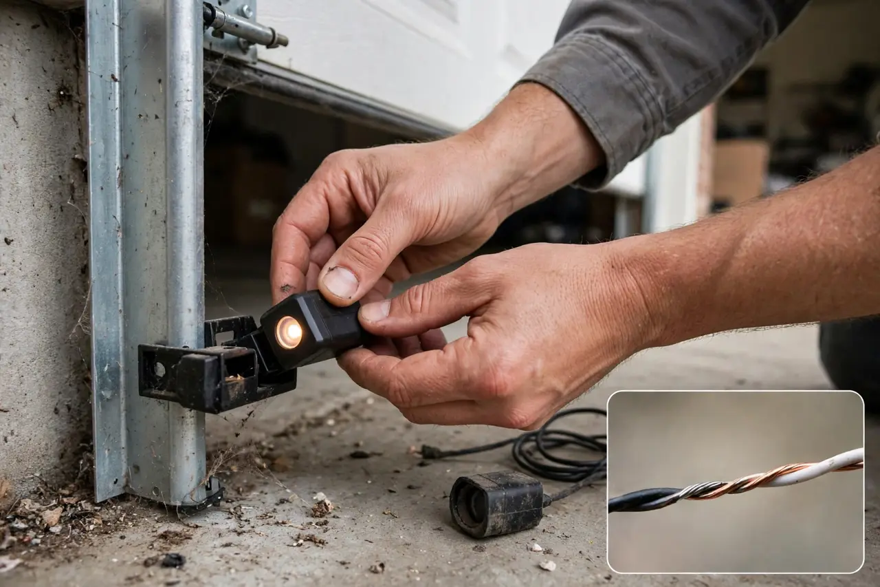 Hands fitting a new garage door sensor eye onto its bracket with the old eye resting beside it
