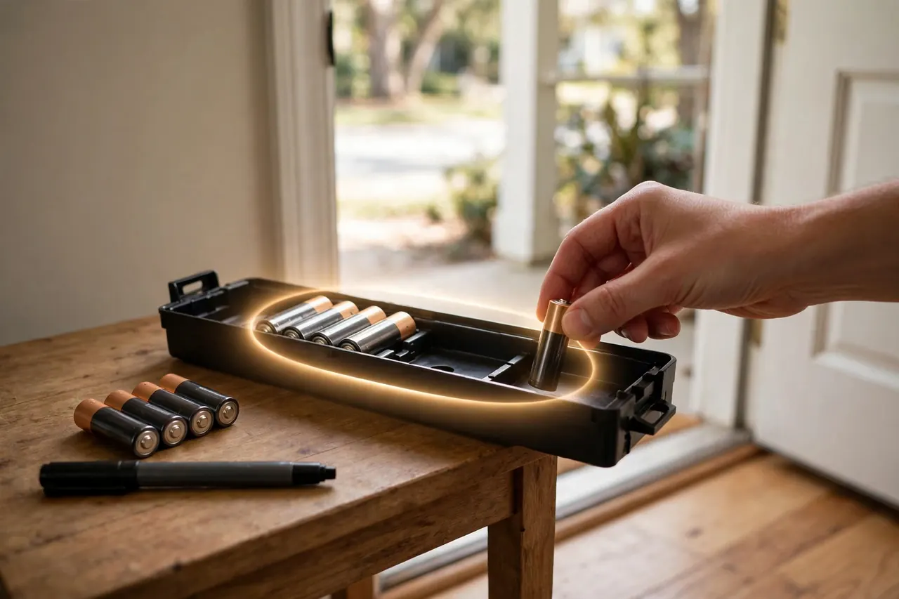 Swapping a smart lock battery set: fresh AA cells being fitted into the pull-out tray, a spare set and a marker pen beside it