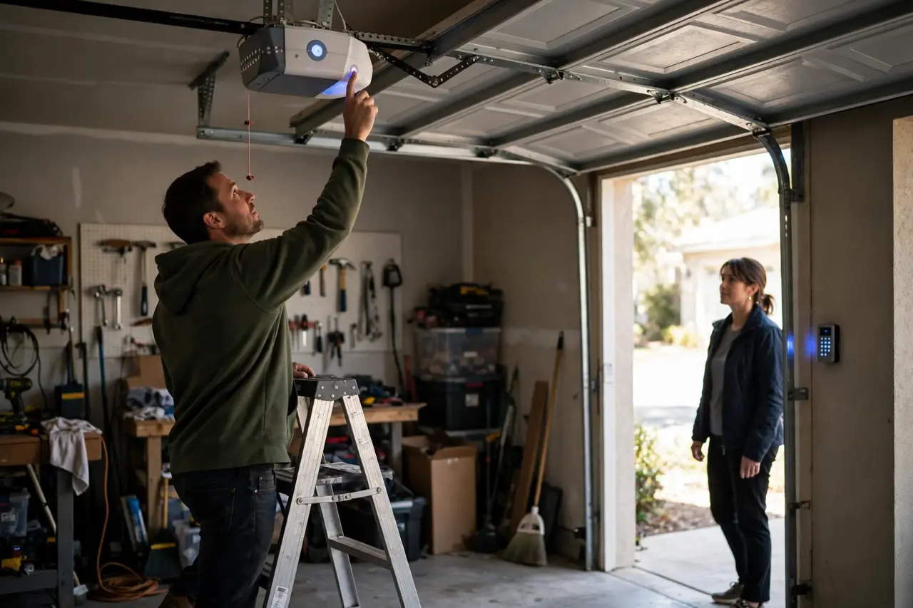 One person on a ladder pressing the opener button inside a garage while a second person waits at the outside keypad