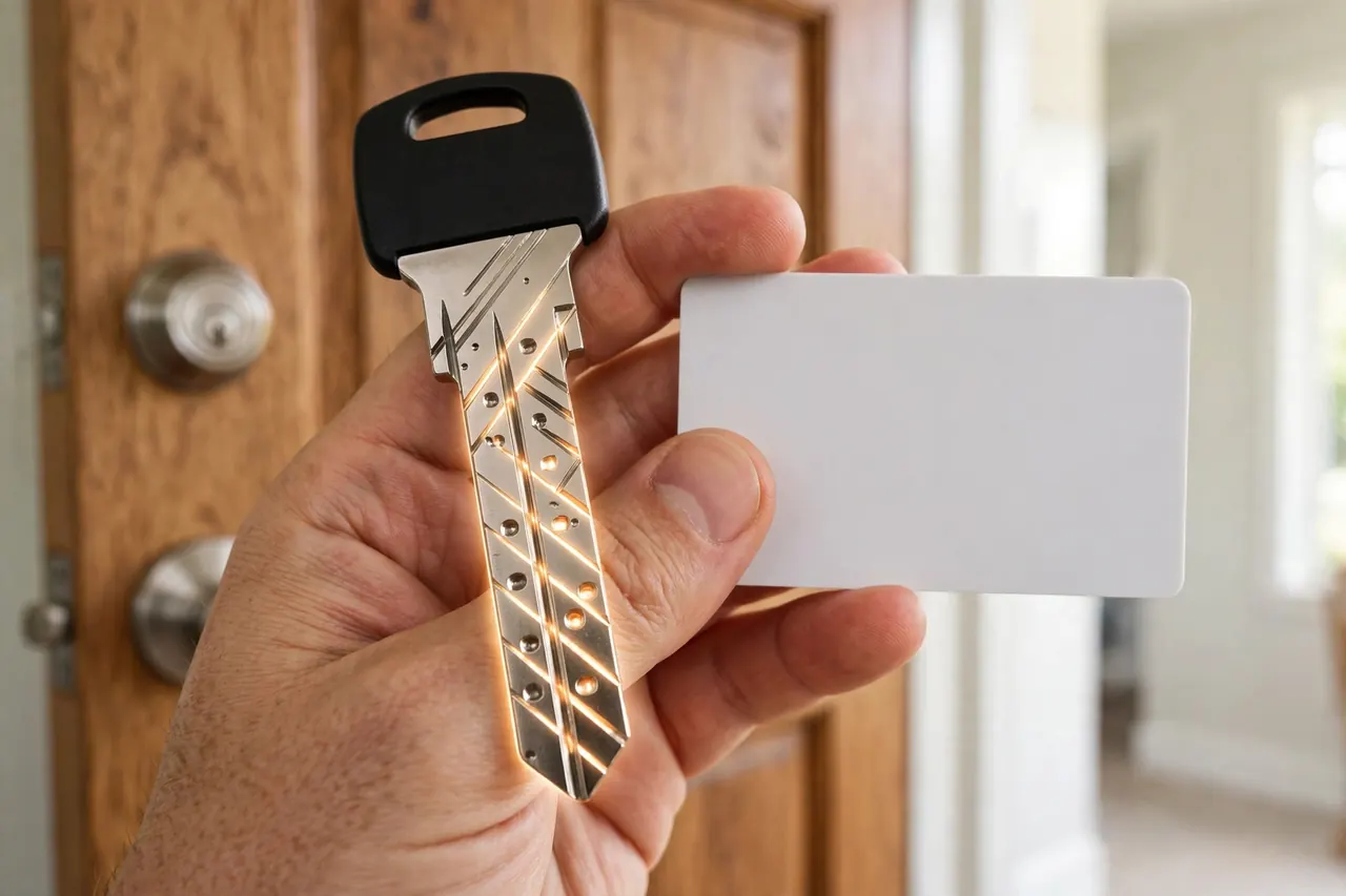 Hand holding a restricted high security key and its key card, which is required before an authorized dealer can cut a copy