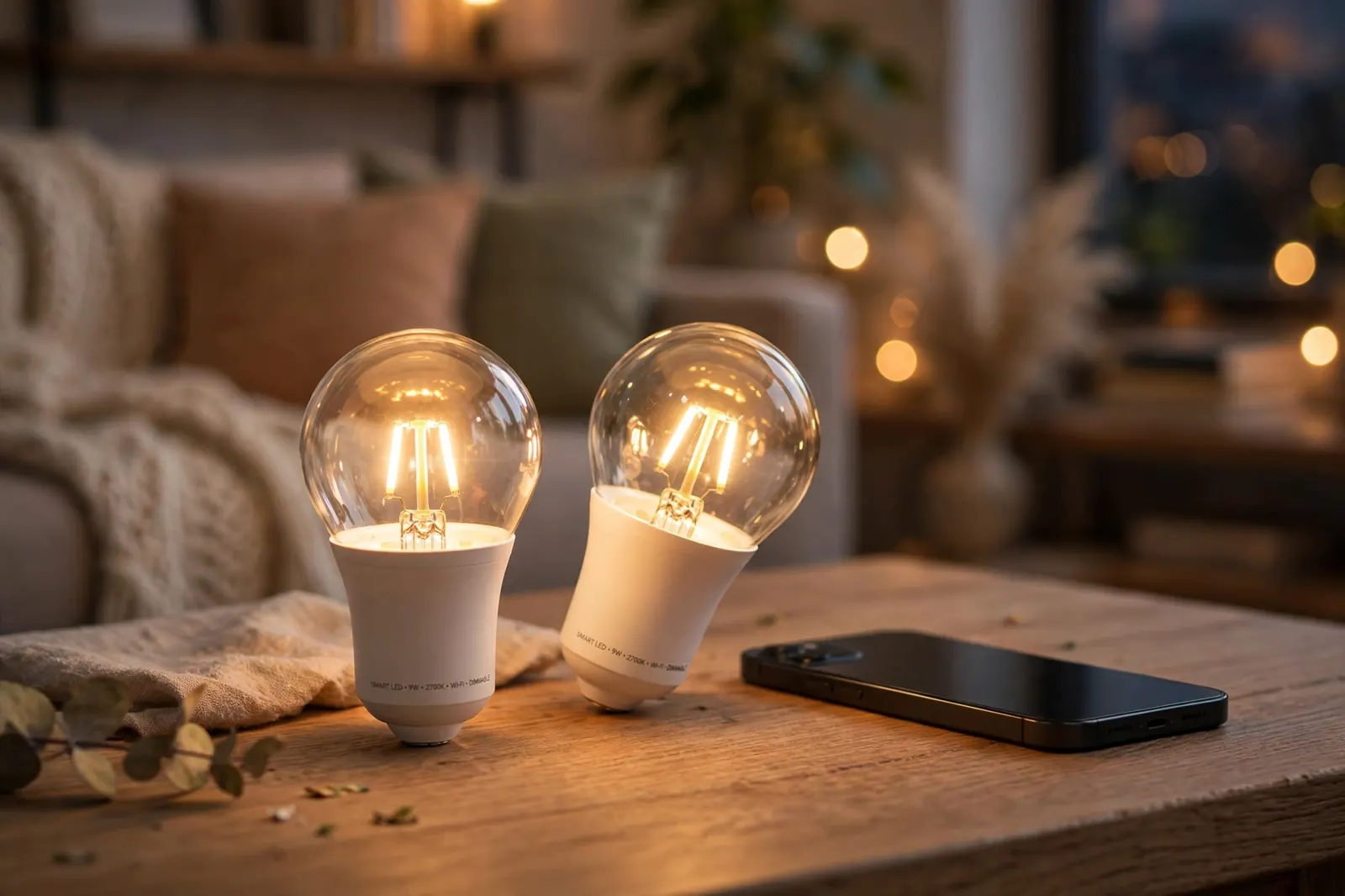 Smart LED bulbs glowing warm beside a smartphone