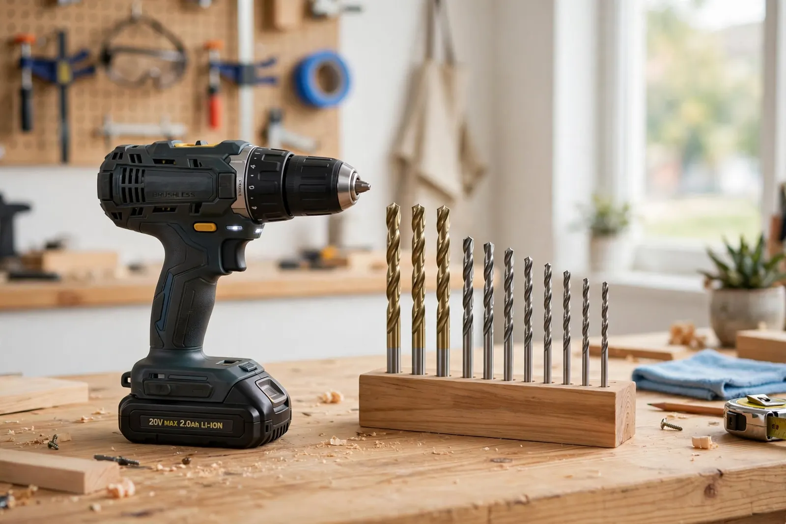 Cordless drill driver and bits on a home workbench