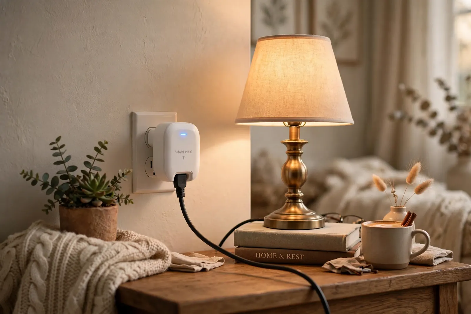 Smart plug with a table lamp on a wooden side table
