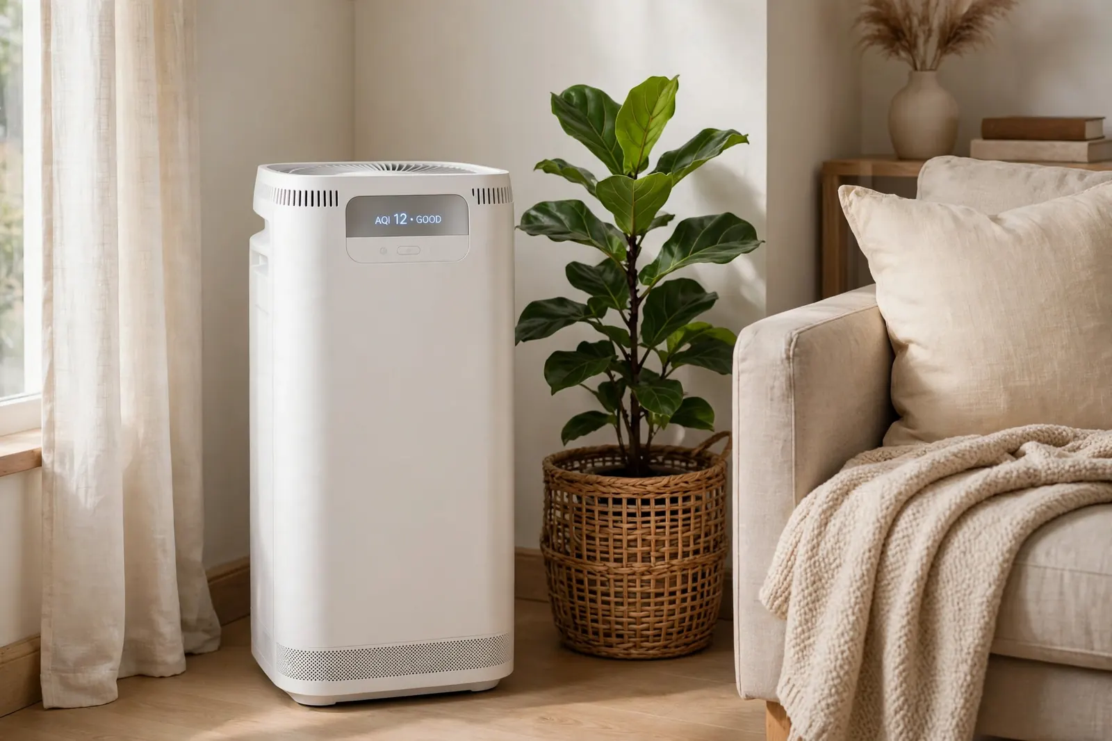 Air purifier in a cozy living room corner