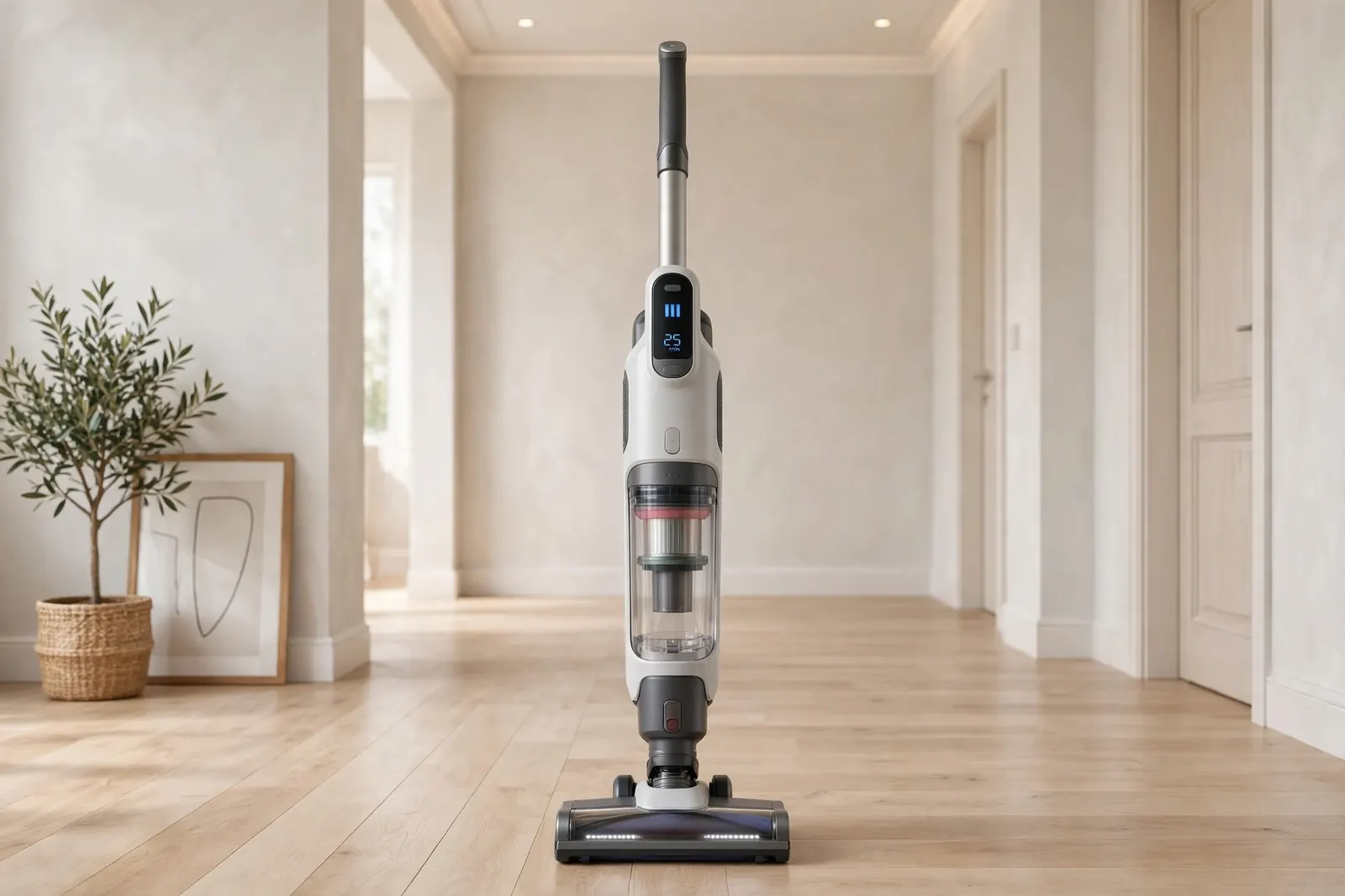 Cordless stick vacuum cleaner in a bright hallway