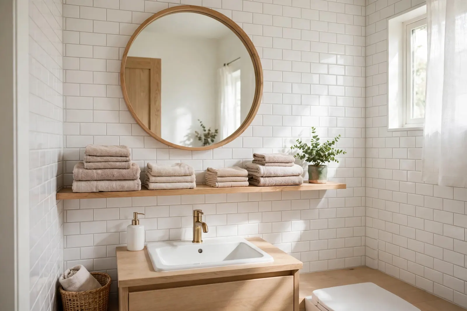Bright small bathroom with mirror, shelves and folded towels