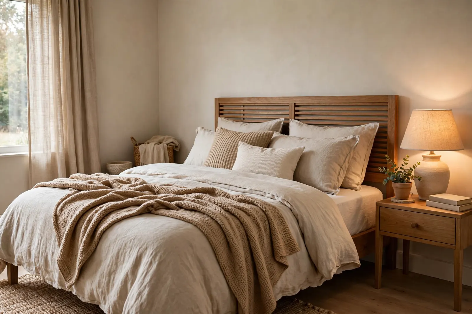 Calm cozy bedroom with layered bedding and warm light