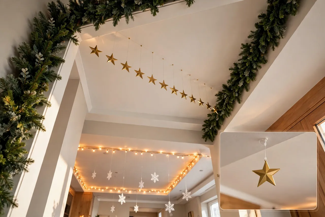 Entryway ceiling with hanging gold stars and garland along the ceiling edges leading to a living room ceiling with snowflakes and warm string lights