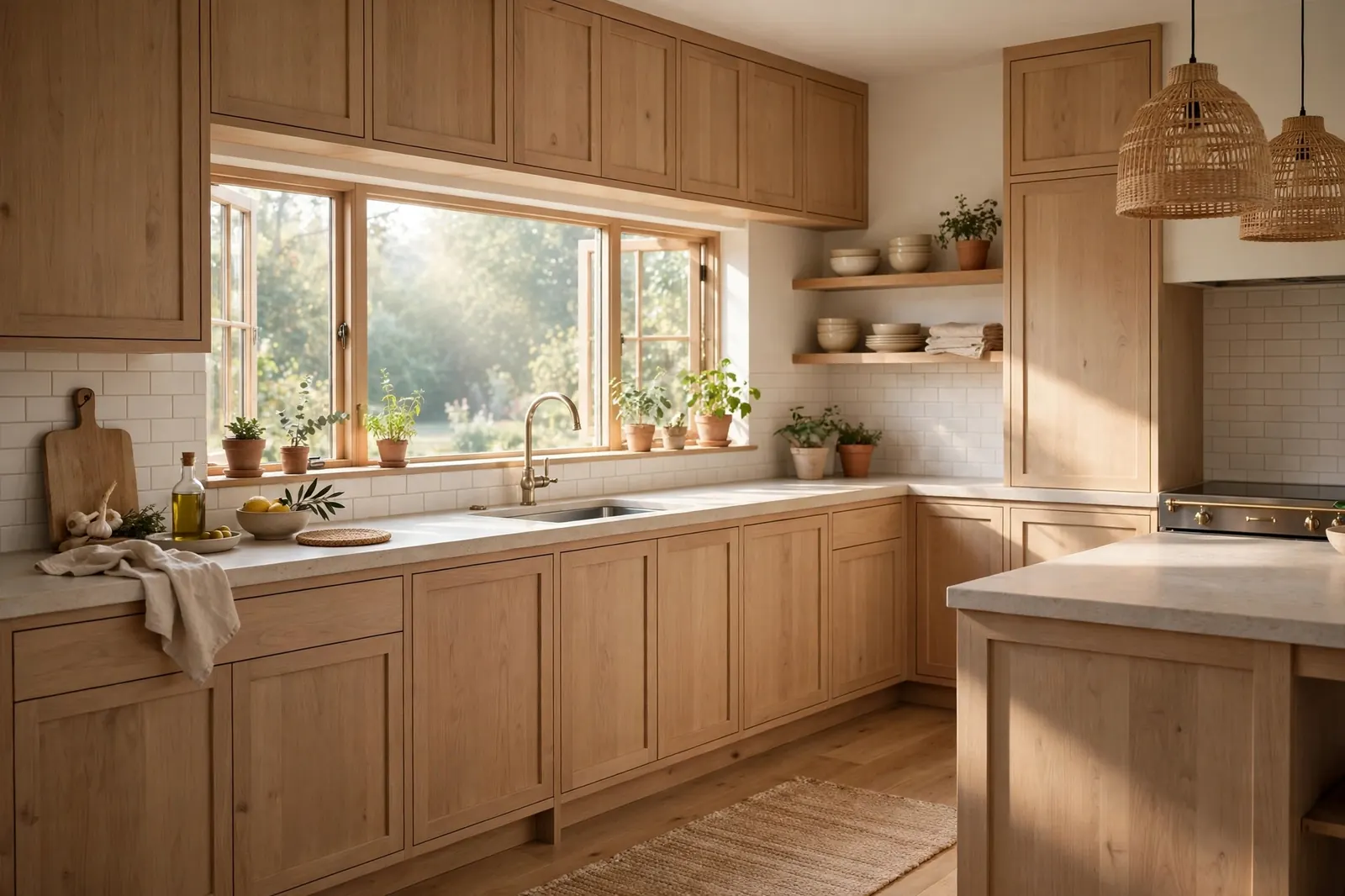Warm modern kitchen with light wood cabinets