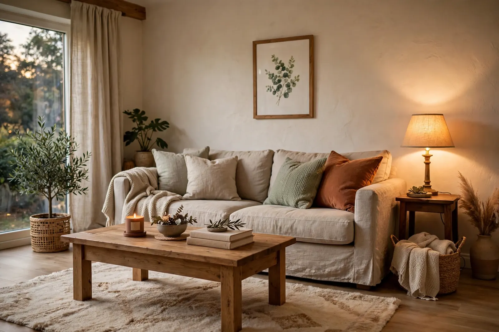 Cozy living room with sofa, cushions and warm lamp light