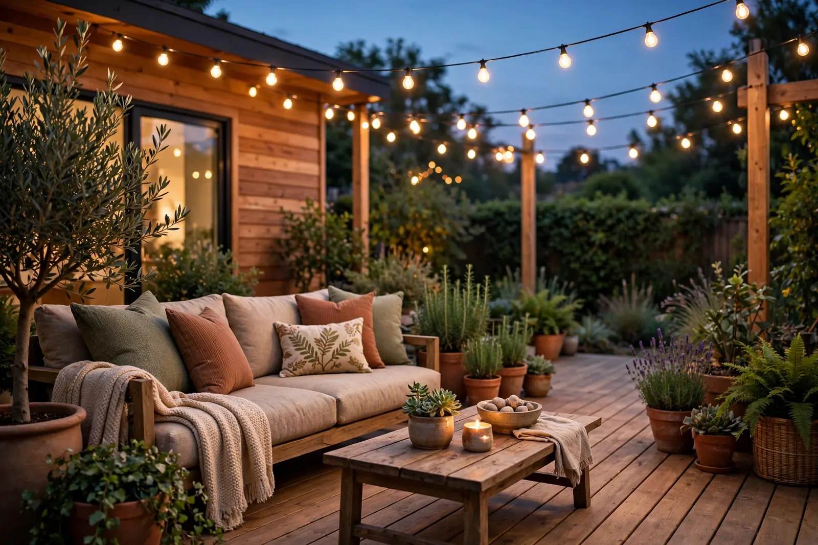 Backyard patio with string lights and comfortable seating