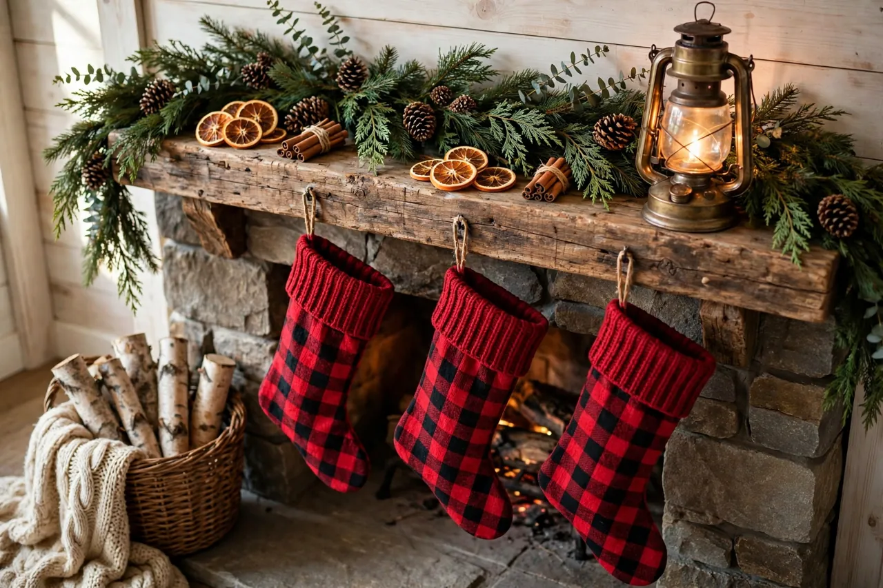 Rustic Christmas mantel with evergreen garland, pinecones, buffalo check stockings, a glowing lantern, and birch logs