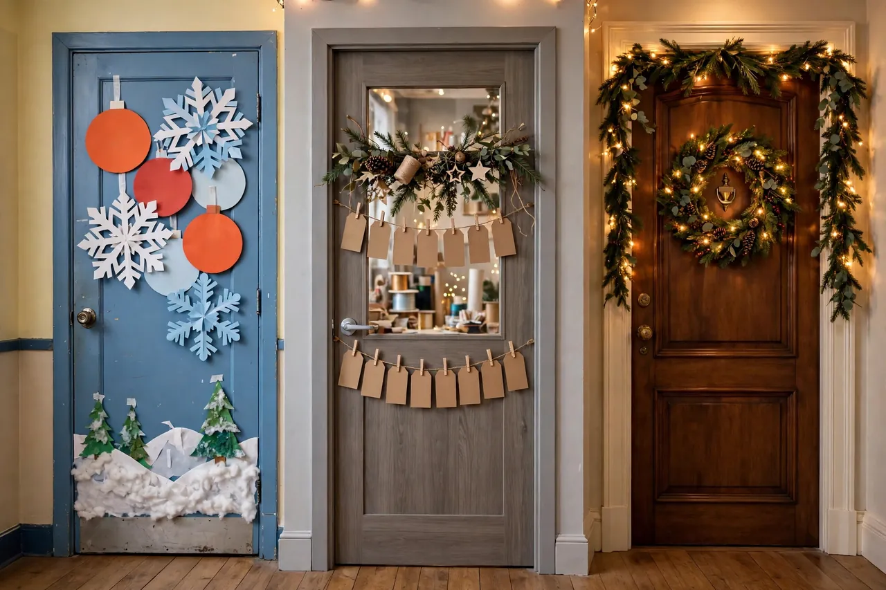 Three different Christmas-decorated doors side by side: a playful blue school door with paper ornaments, an office door with blank gift tags and greenery, and an elegant wooden home door with a lit wreath and garland