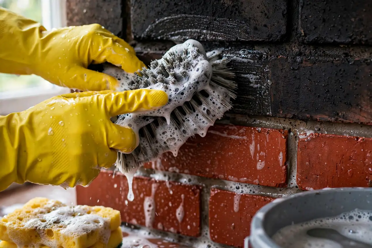 Gloved hand scrubbing soot off fireplace brick with a soapy brush, soot-blackened brick above and clean red brick below
