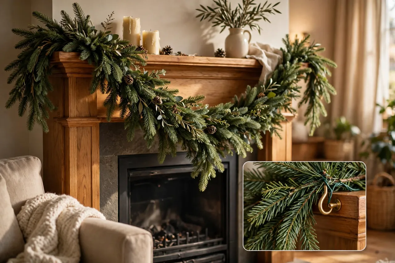 Evergreen garland on a wooden mantel falling in one gentle even swoop with branches fluffed forward, with a magnified inset showing the anchor hook and wire