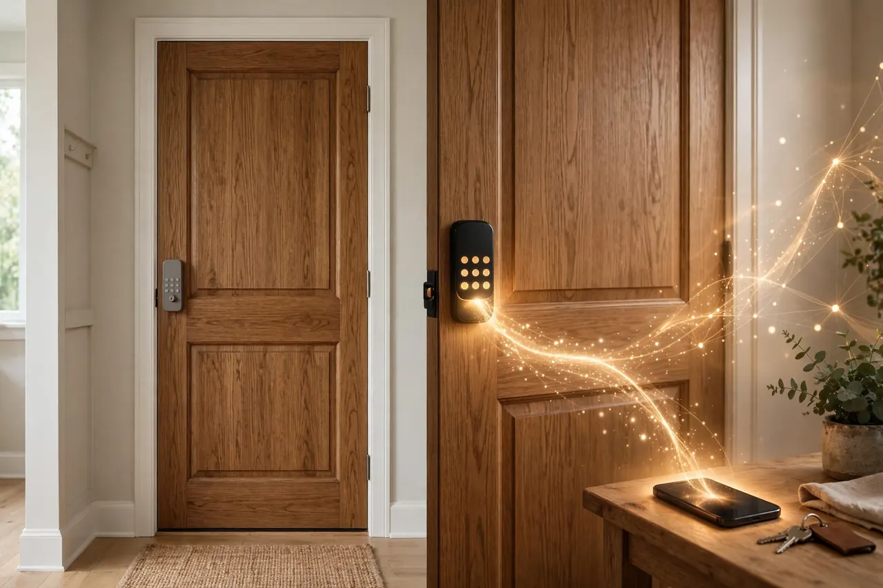 A simple keypad lock on one door beside a smart keypad lock on another door, its connection glowing toward a phone on a table