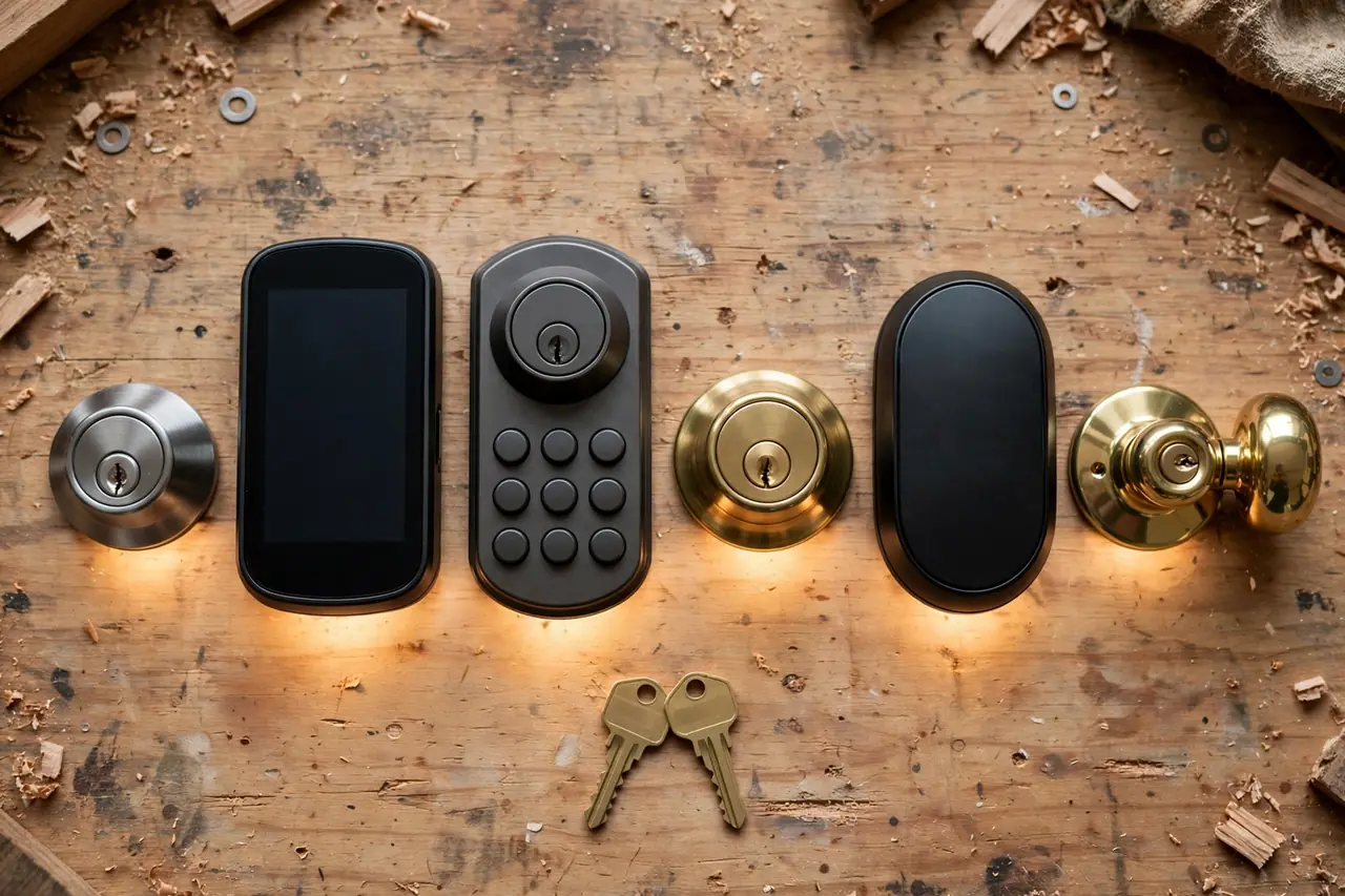 Six of the best door locks for home in a row on a workbench: keyed deadbolt, smart deadbolt, keypad deadbolt, high-security deadbolt, retrofit smart lock, and a knob and deadbolt combo