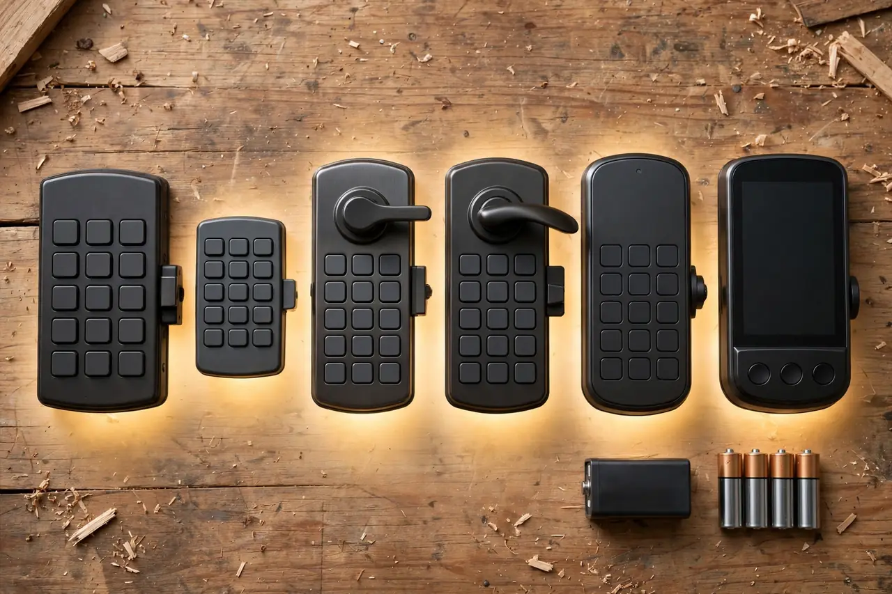 Six keypad door locks compared in a row: keypad deadbolts, keypad levers, and a touchscreen deadbolt, with their 9V and AA batteries