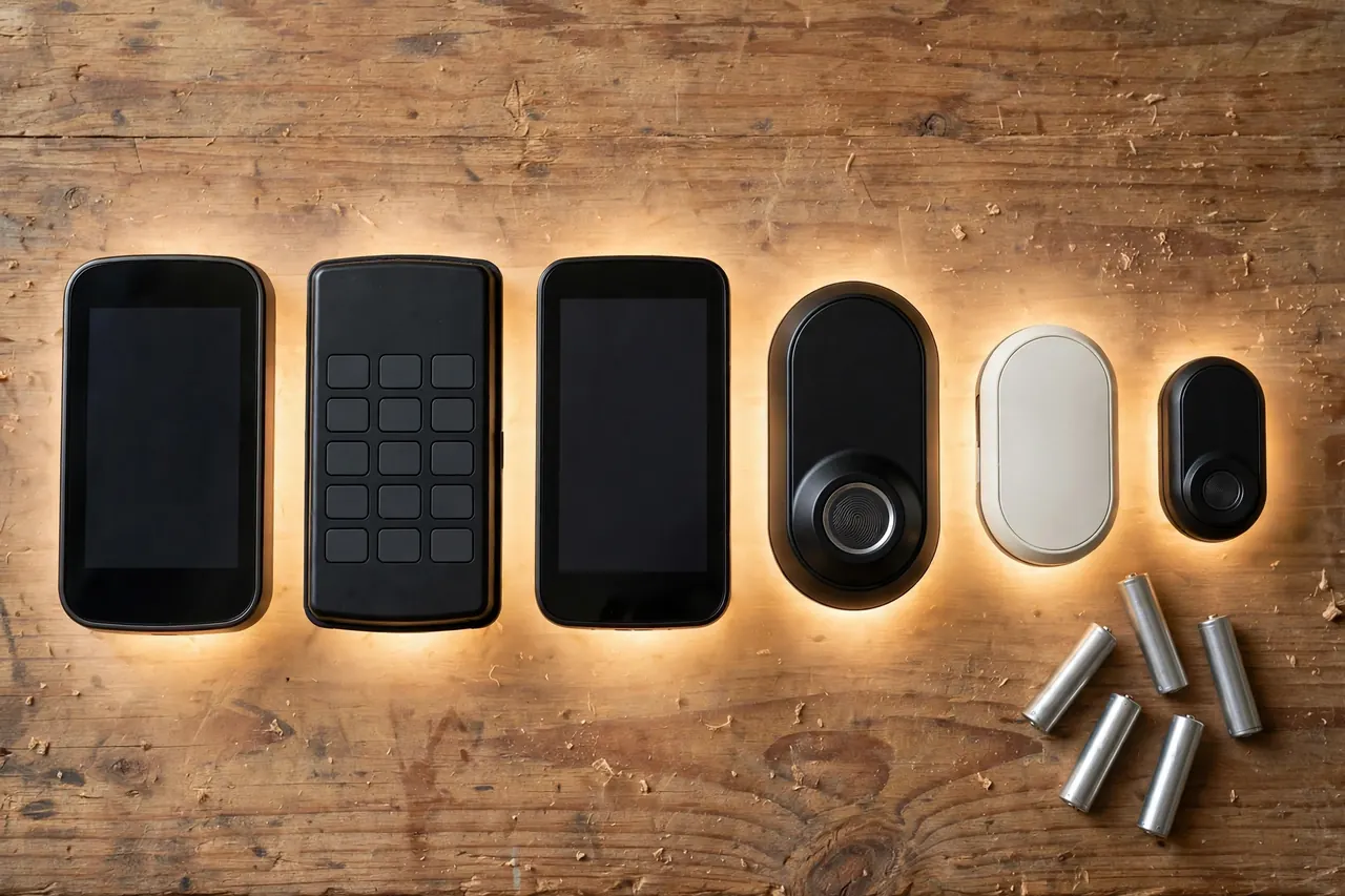 Six smart deadbolts compared in a row on a workbench: touchscreen, keypad, fingerprint, and retrofit models with their AA batteries
