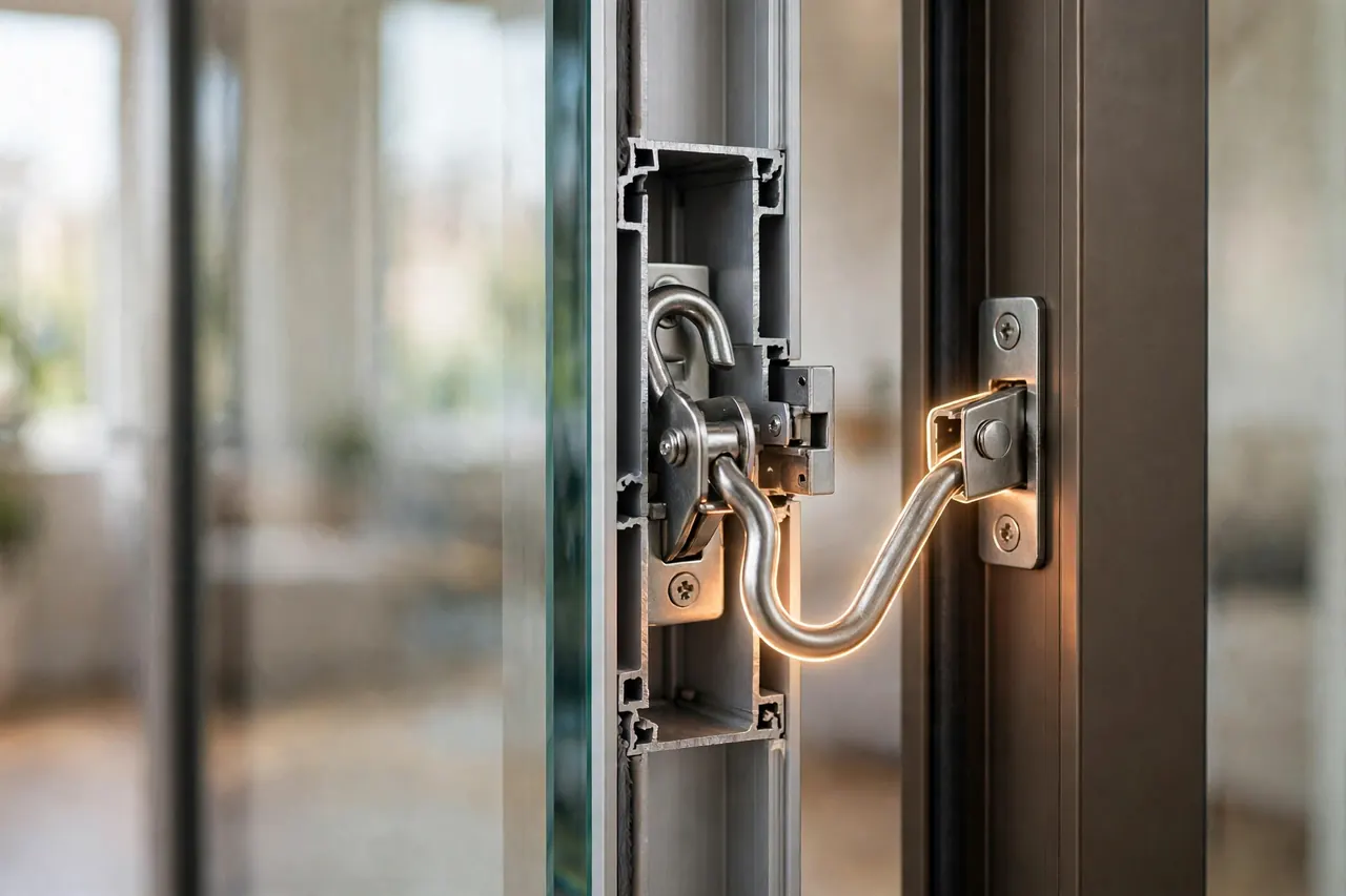 Cutaway of a sliding door stile showing the steel hook latch inside grabbing its keeper plate on the frame