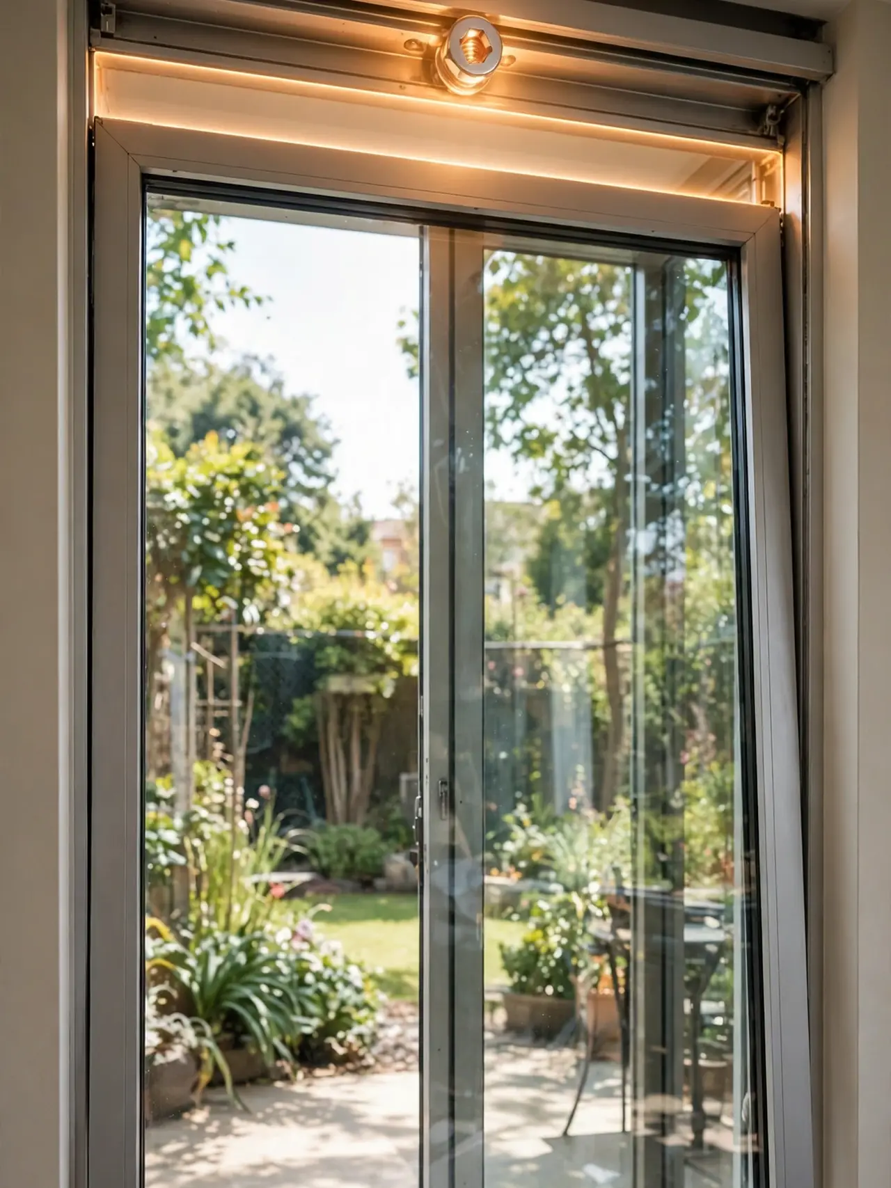 Hands lifting a sliding glass door panel in its frame while a large-head anti-lift screw in the top track blocks it from rising further
